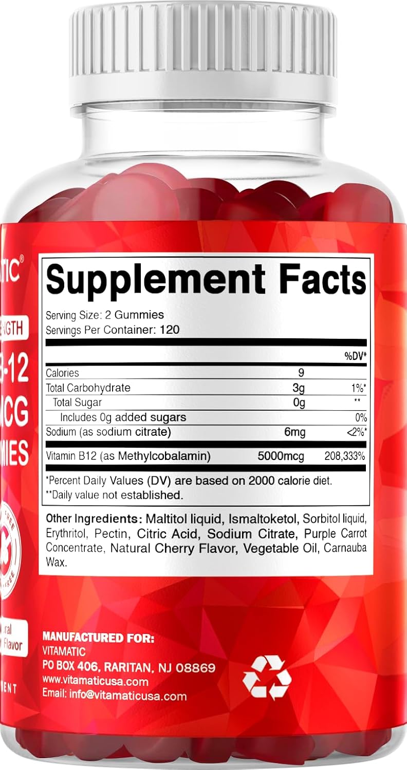 Vitamatic Vitamina B12 5000 mcg (Metilcobalamina) Gominolas - 240 Unidades, Sabor Cereza Natural