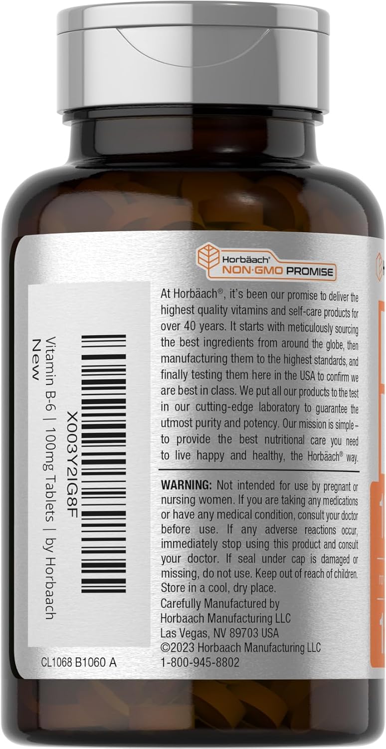 Horbaach Vitamina B6 100 mg | 120 Comprimidos | Piridoxina HCl | Vegetariano, Sin Gluten y Sin OGM
