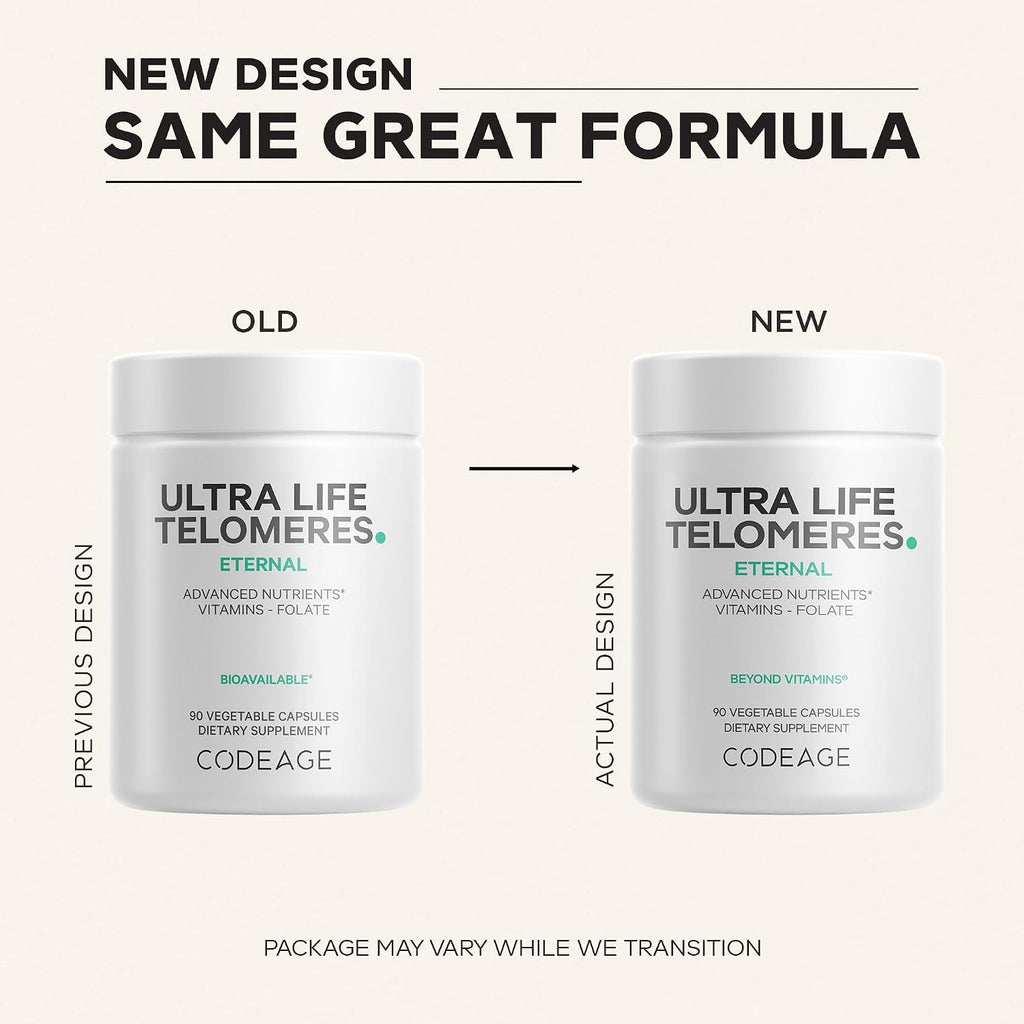 Codeage Ultra Life Telómeros - Suplemento con 5-MTHF, Vitamina B12 Metilcobalamina y Hierbas Adaptógenas - 90 Cápsulas