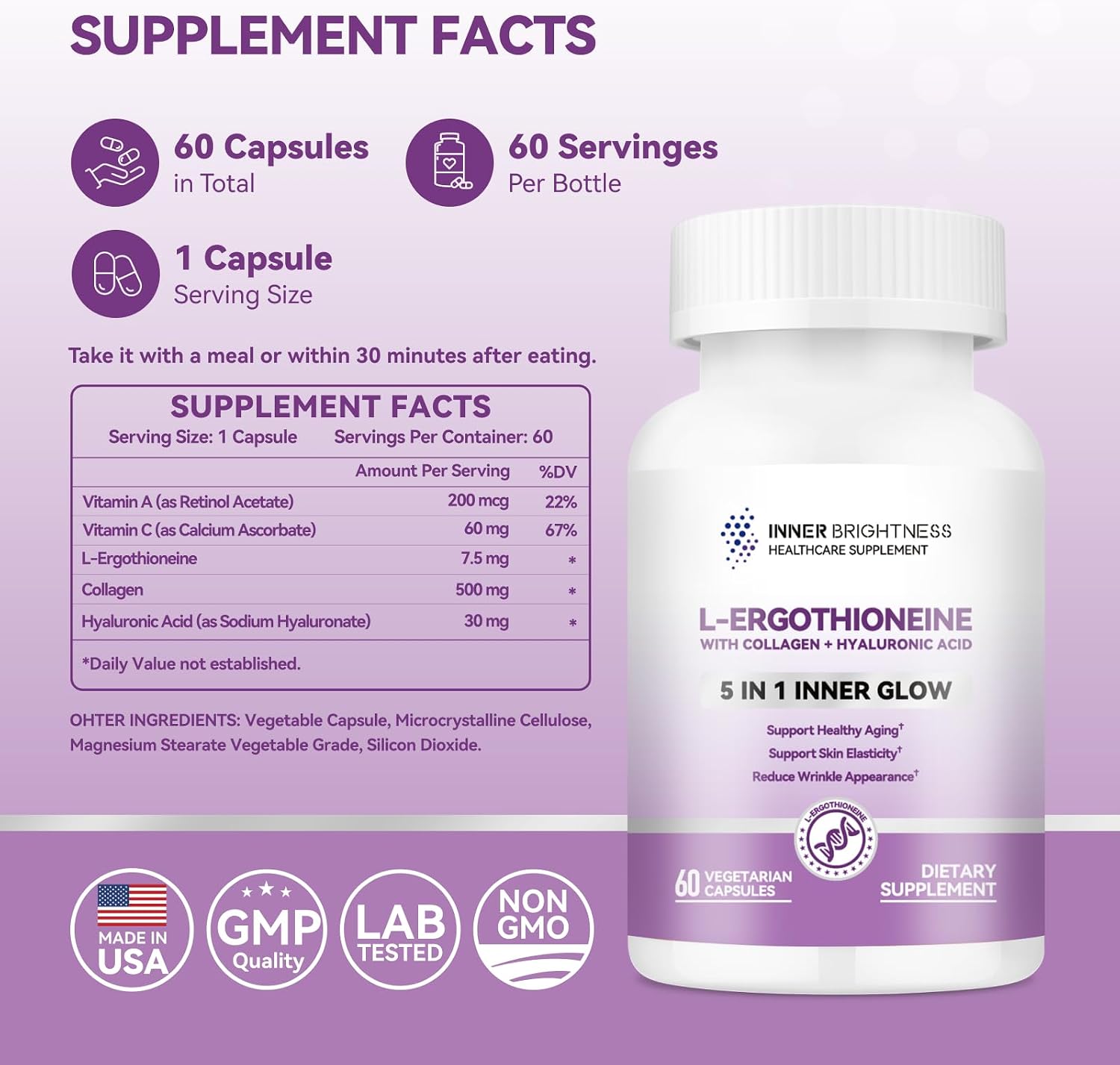 Inner Brightness L-Ergothioneine con Ácido Hialurónico y Colágeno, 60 Cápsulas