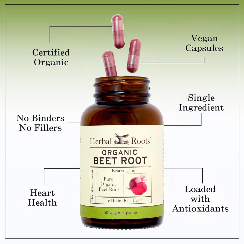 Herbal Roots Cápsulas de Remolacha Orgánica en Polvo (1.500 mg, 60 Cápsulas Veganas)