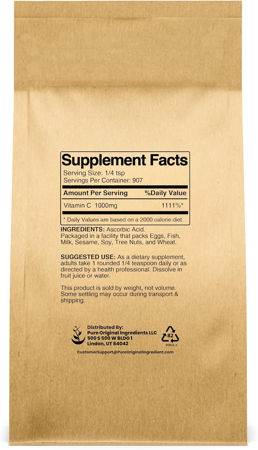 PURE ORIGINAL INGREDIENTS Vitamina C en Polvo (2 lb) Ácido Ascórbico, No Transgénico, Suplemento Alimenticio