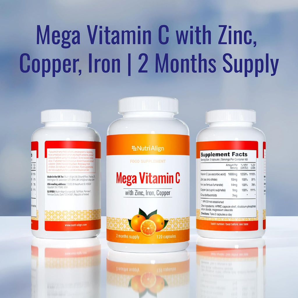 Nutri-Align Mega Vitamin C - 120 Cápsulas de Vitamina C 1000mg con Zinc, Hierro y Cobre