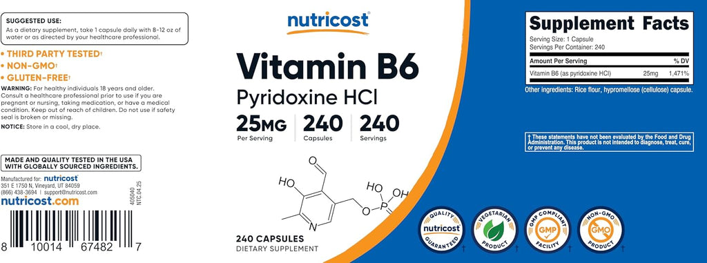 Nutricost Vitamin B6 (Pyridoxine HCl) 25mg, 240 Cápsulas - Sin OGM, Sin Gluten y Apto para Vegetarianos