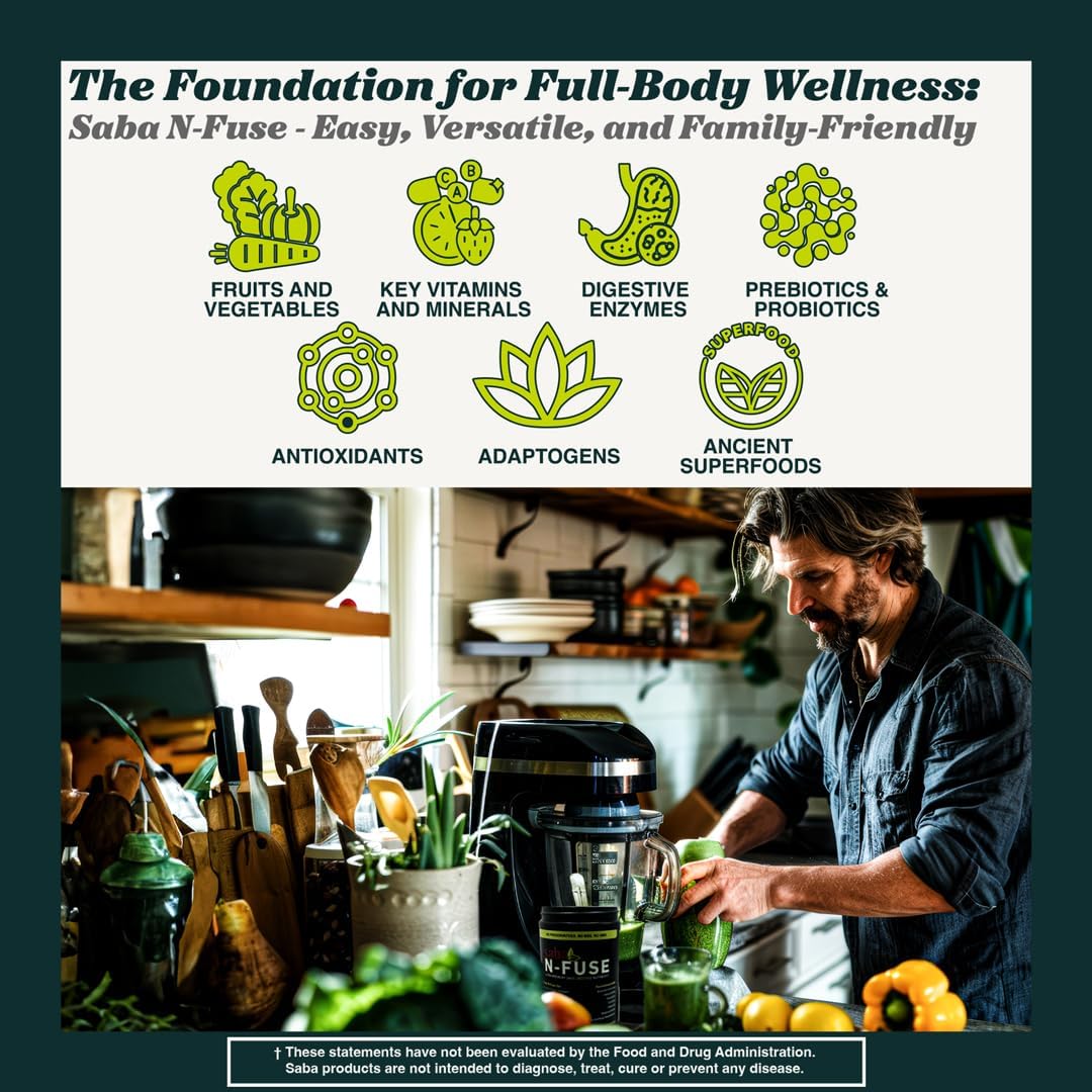 Saba N-Fuse Super Greens Powder – 50+ Superalimentos, Probióticos, Enzimas Digestivas y Adaptógenos