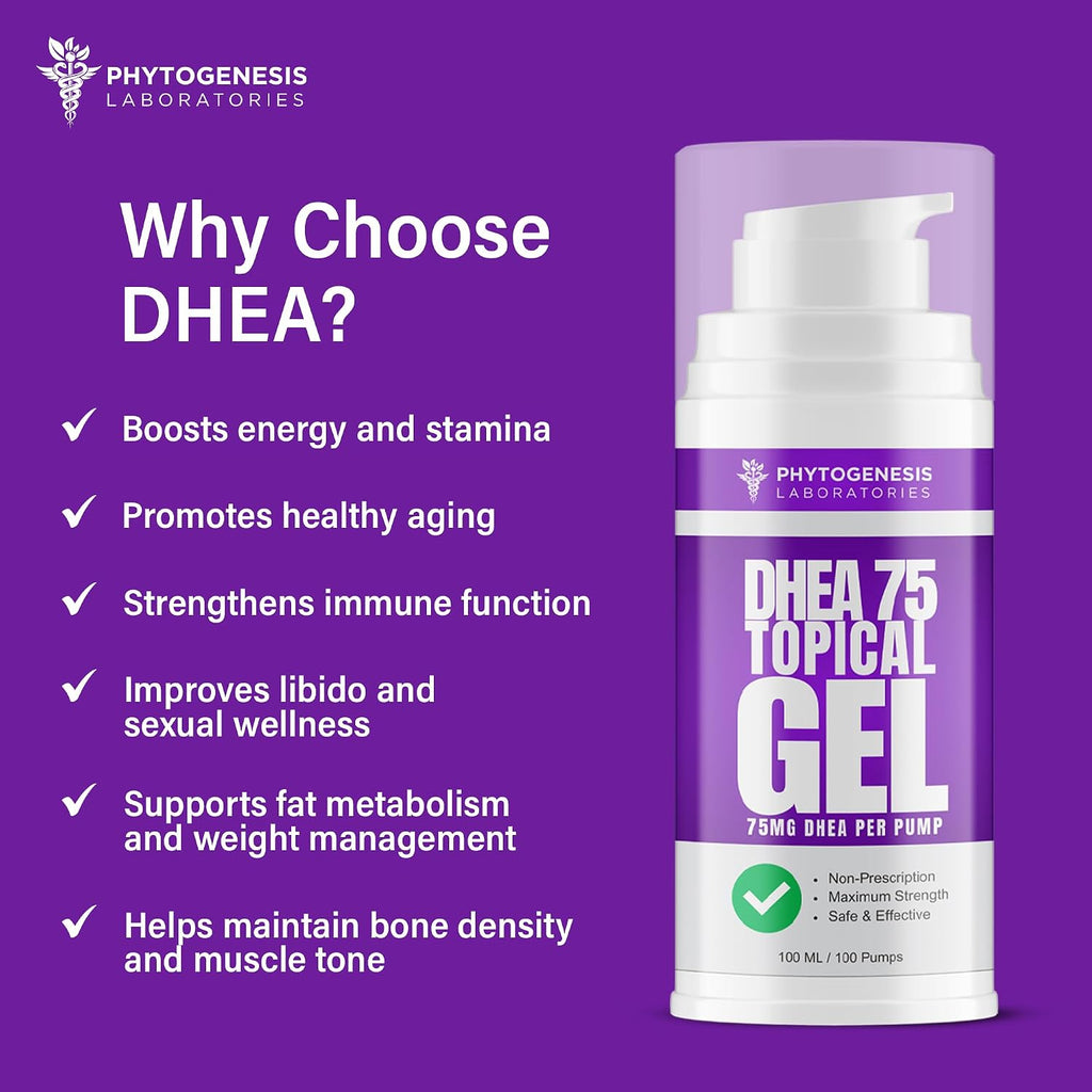 Phytogenesis DHEA 75 Gel Tópico, 75 mg por bombeo, 1 mes de suministro