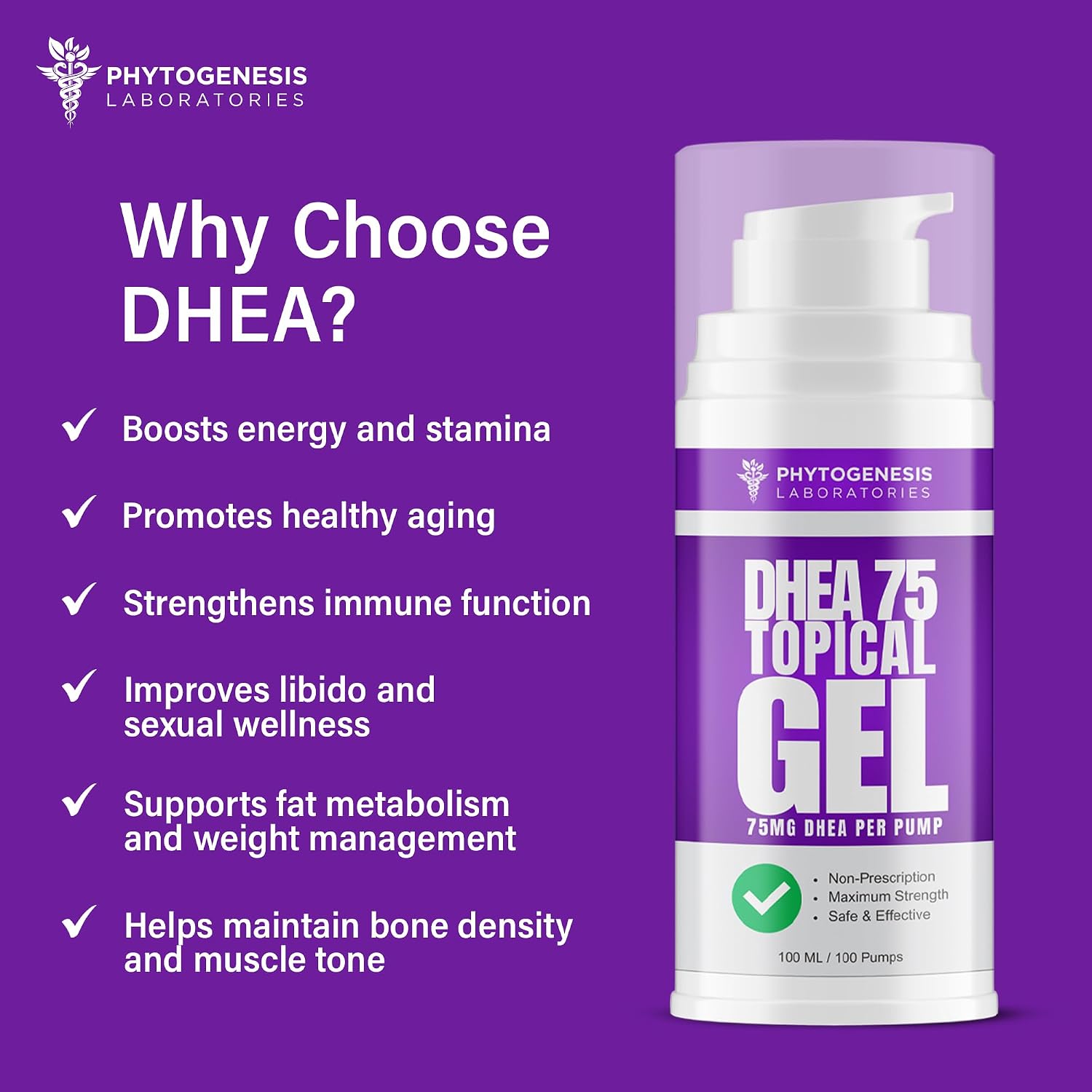 Phytogenesis DHEA 75 Gel Tópico, 75 mg por bombeo, 1 mes de suministro