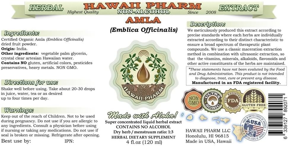 Hawaii Pharm Extracto Líquido de Amla Sin Alcohol (Emblica Officinalis) - 2 x 946 ml
