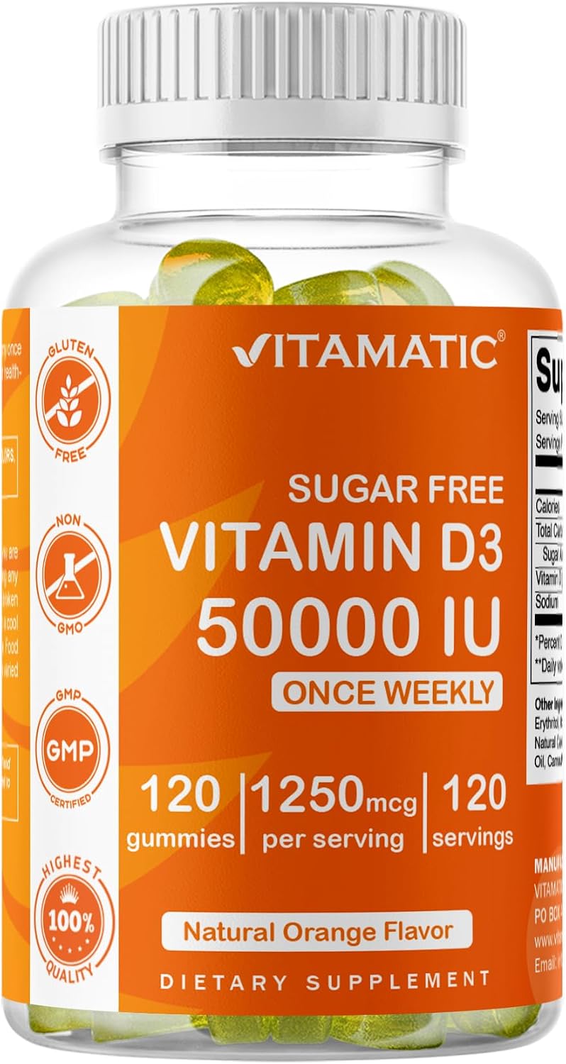 Vitamatic Vitamina D3 50.000 UI Sin Azúcar - 120 Gomitas de Pectina - Suplemento Semanal para Huesos, Dientes y Sistema Inmunológico