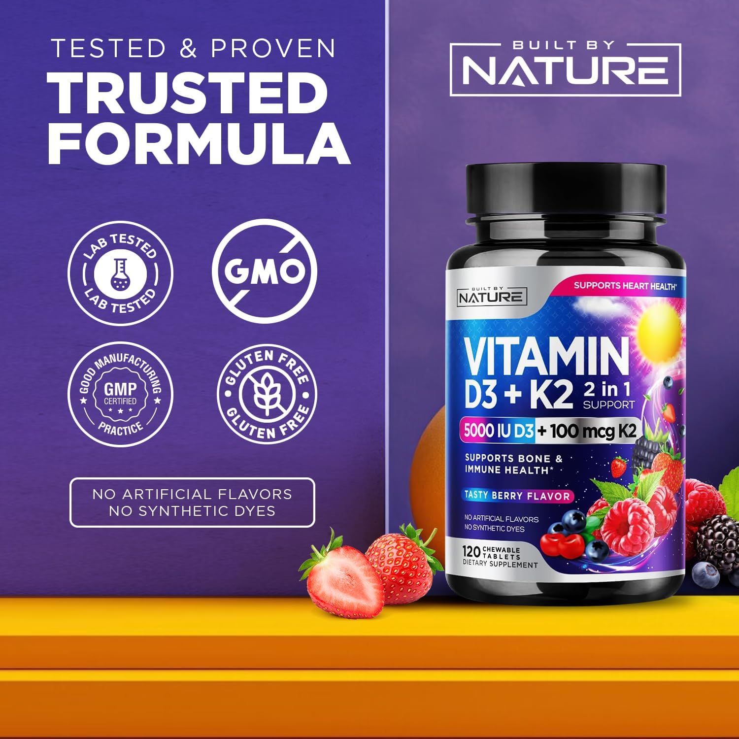 Vitamina D3 K2 Masticable, 5000 UI y K2 MK-7 100 mcg, 120 Comprimidos | Sabor a Bayas