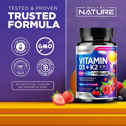 Vitamina D3 K2 Masticable, 5000 UI y K2 MK-7 100 mcg, 120 Comprimidos | Sabor a Bayas – Image 4