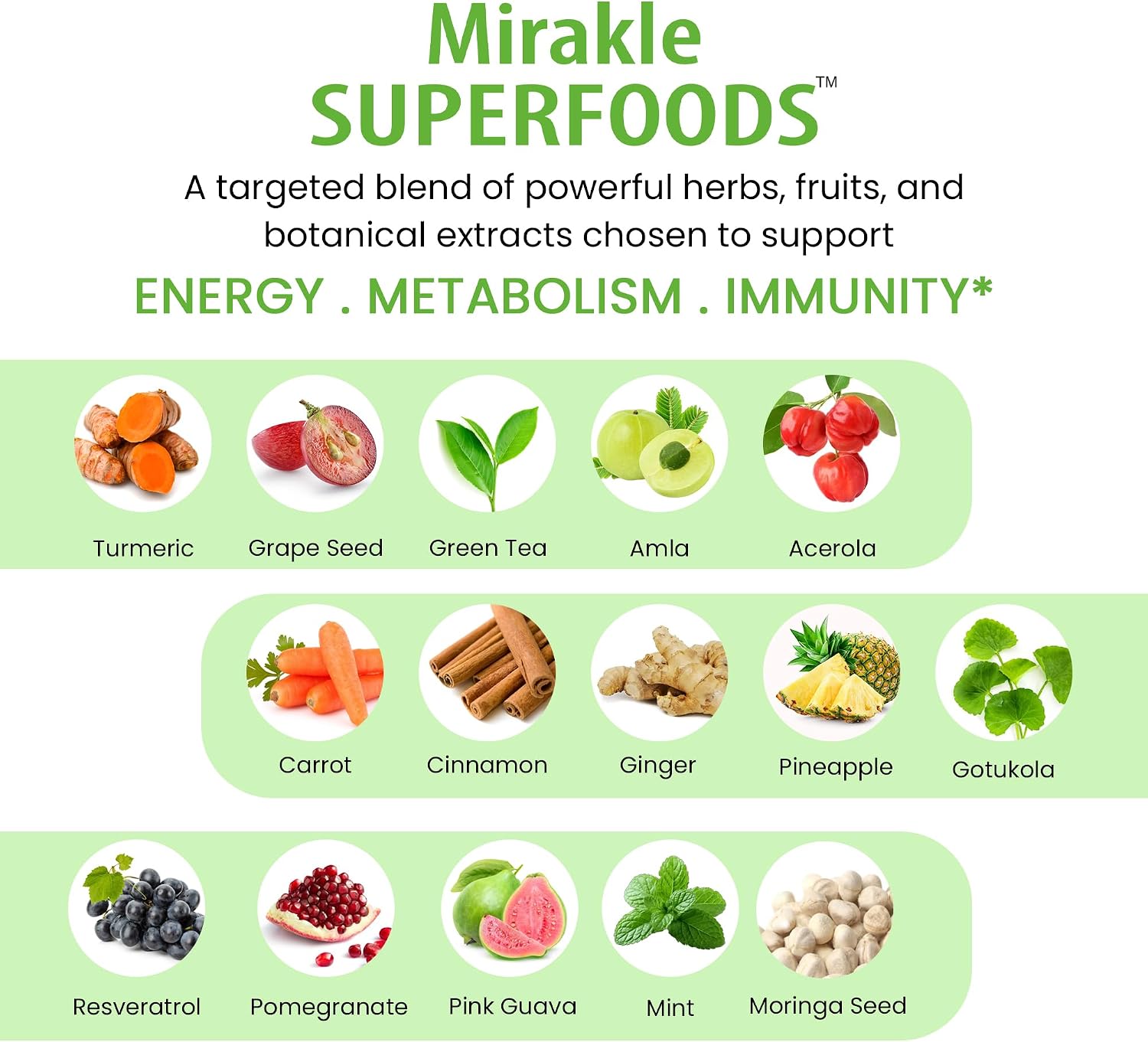 Organic Veda Mirakle Superfoods - Superalimentos Verdes con Probióticos, 40+ Nutrientes Orgánicos, Vitamina C y Resveratrol - 120 Cápsulas
