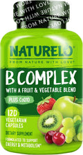 NATURELO Complejo Vitamínico B, 120 Cápsulas, Vegano, Metilado, con CoQ10 y Mezcla de Frutas y Verduras