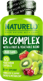 NATURELO Complejo Vitamínico B, 120 Cápsulas, Vegano, Metilado, con CoQ10 y Mezcla de Frutas y Verduras