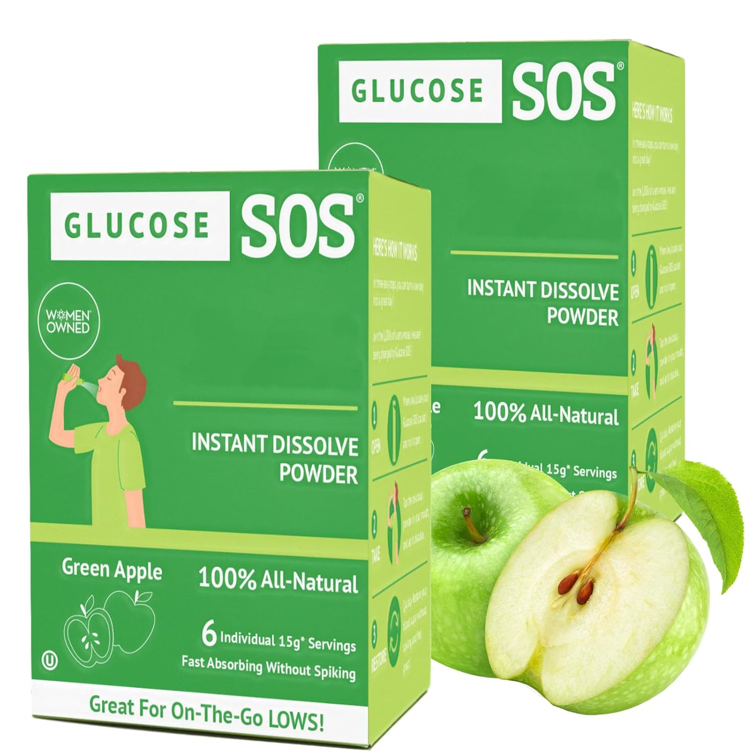 Glucose SOS Polvo de Glucosa en Sobres con Dextrosa Natural, Absorción Rápida que se Disuelve Instantáneamente en la Boca sin Agua, Manzana Verde, 12 unidades