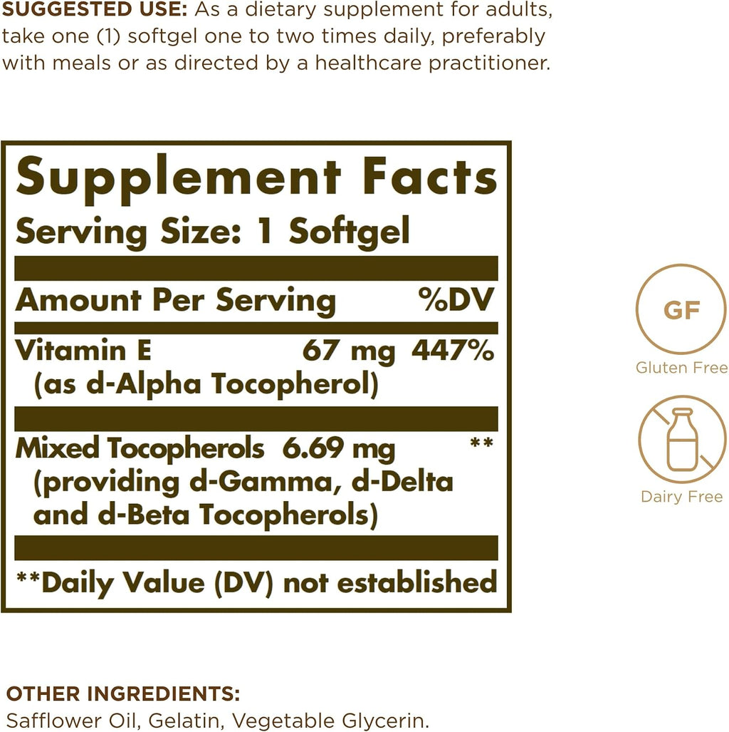 Solgar Vitamin E 67 mg (100 IU) - 100 Softgels, 2 Pack - 200 Total Servings