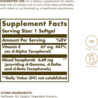 Solgar Vitamina E 67 mg (100 UI) - 100 Cápsulas Blandas, Pack de 2 - 200 Dosis Totales – Image 2