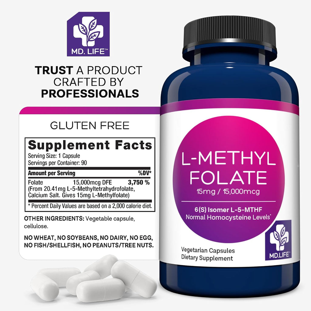 MD Life L-Metilfolato 15 mg - Complemento Alimenticio con Metilfolato Activo - 90 Cápsulas