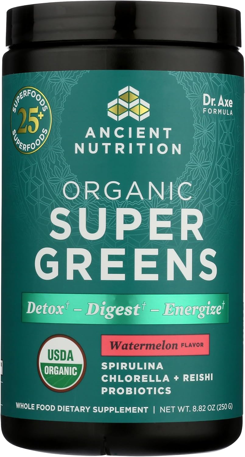 Ancient Nutrition Organic SuperGreens Energizer Powder with Probiotics and B12, Made from Real Fruits, Vegetables and Herbs, for Digestive, Detoxification and Energy Support, 25 Servings