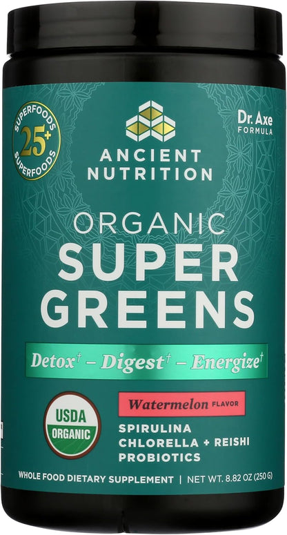 Ancient Nutrition Organic SuperGreens Energizer Powder with Probiotics and B12, Made from Real Fruits, Vegetables and Herbs, for Digestive, Detoxification and Energy Support, 25 Servings
