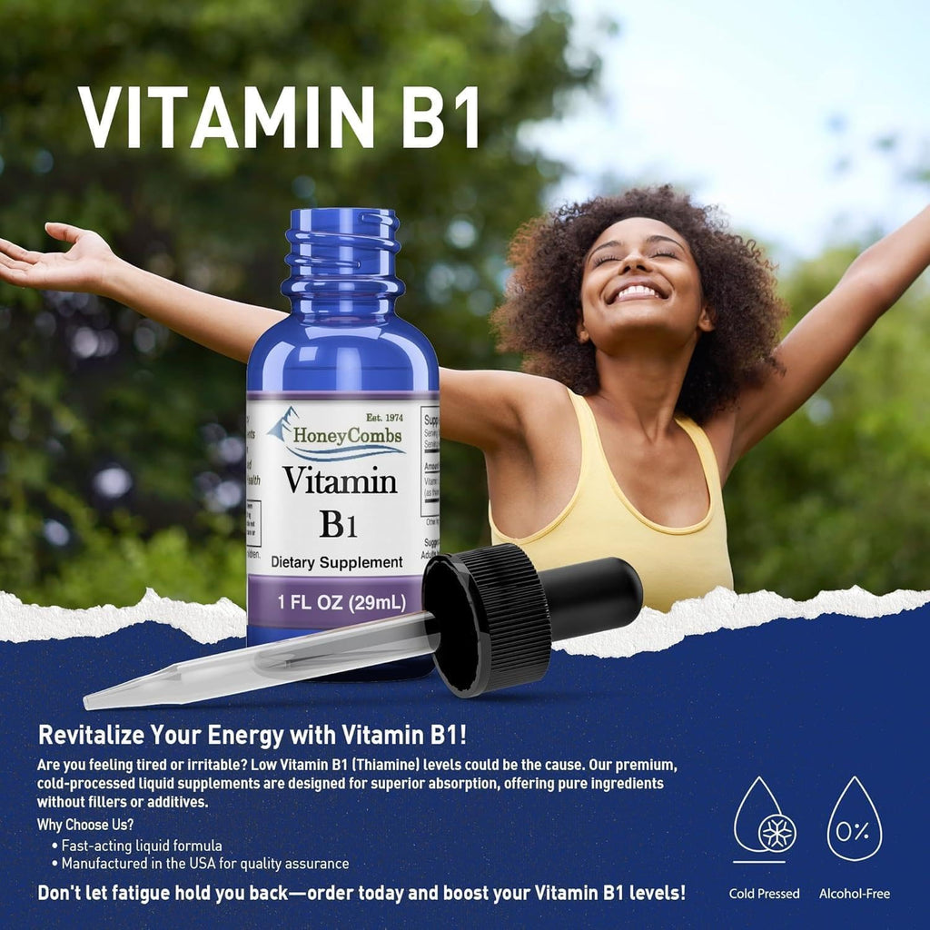 Vitamina B1 (Tiamina) Gotas - Extracto de Tiamina Vitamina B1 de Alta Potencia - Líquido Vitamínico Vegano, Sin Alcohol y Sin OGM - Mantiene la Salud del Sistema Nervioso, Apoya la Digestión y Aumenta la Energía, 1 Fl Oz