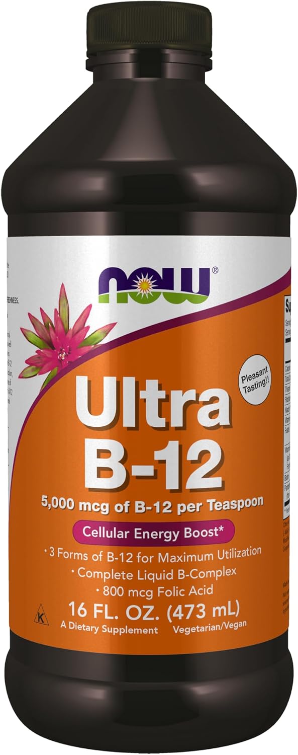 NOW Foods Ultra B-12 Líquido, 5000 mcg de Vitamina B12 con Ácido Fólico, 473 ml