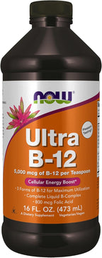 NOW Foods Ultra B-12 Líquido, 5000 mcg de Vitamina B12 con Ácido Fólico, 473 ml