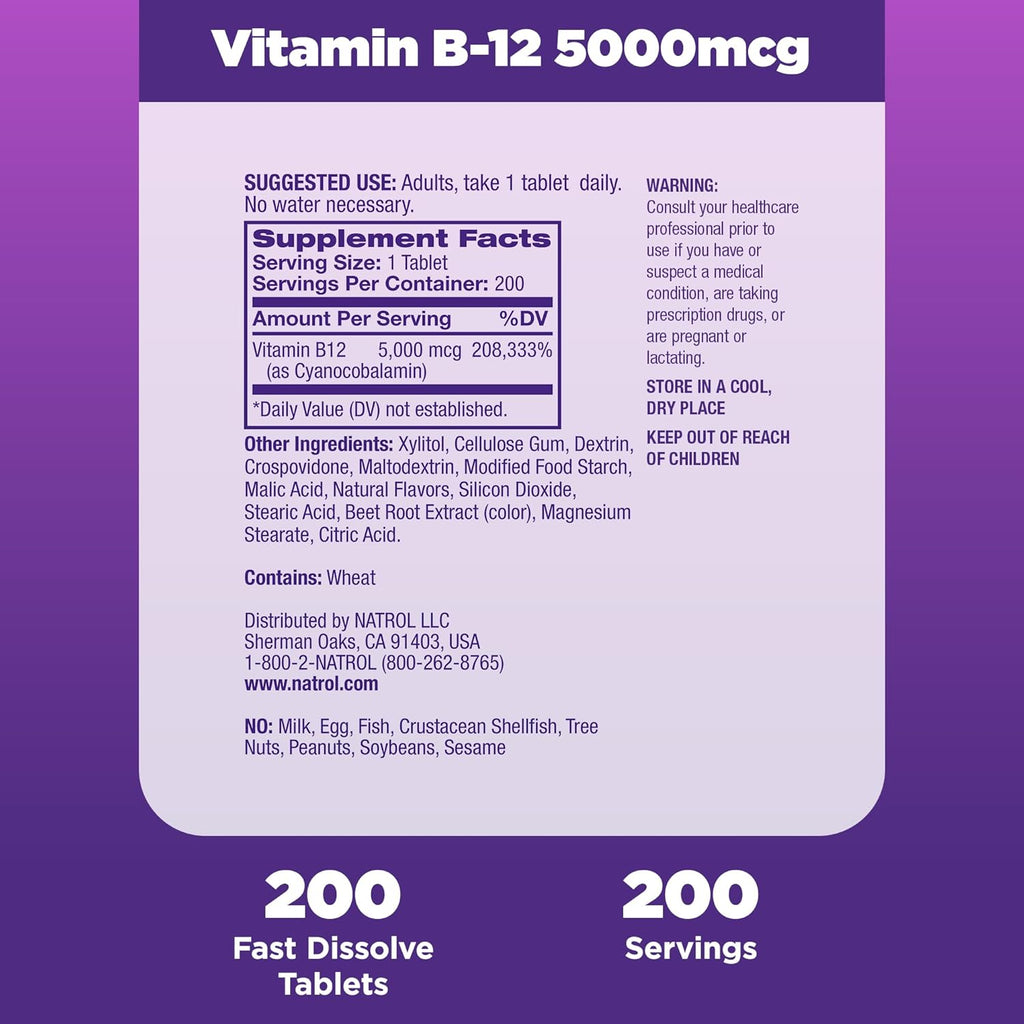 Natrol B12 5000 mcg Comprimidos de Disolución Rápida - 200 unidades