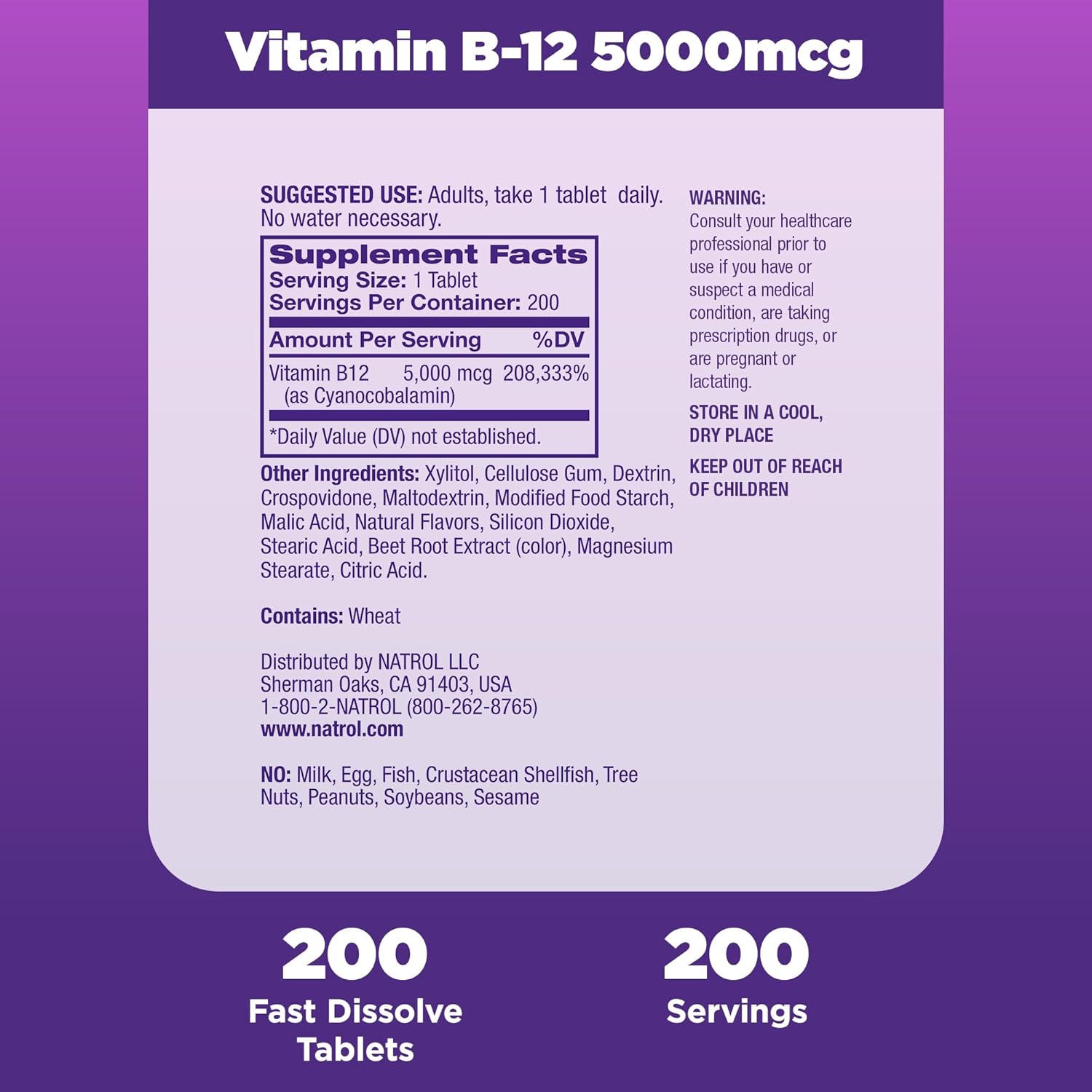 Natrol B12 5000 mcg Comprimidos de Disolución Rápida - 200 unidades