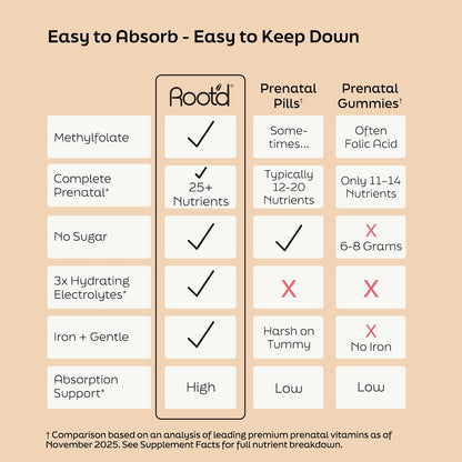 Root'd Prenatal Multivitamin Powder: 25 Vitaminas y Minerales con Electrolitos (24 Sobres) – Image 4