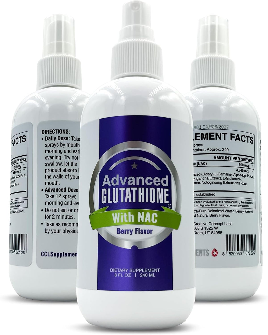 CCL SUPPLEMENTS Spray Liposomal de Glutatión y NAC - Máxima Absorción - con Ashwagandha, Glutamina y Vitamina C - 237 ml