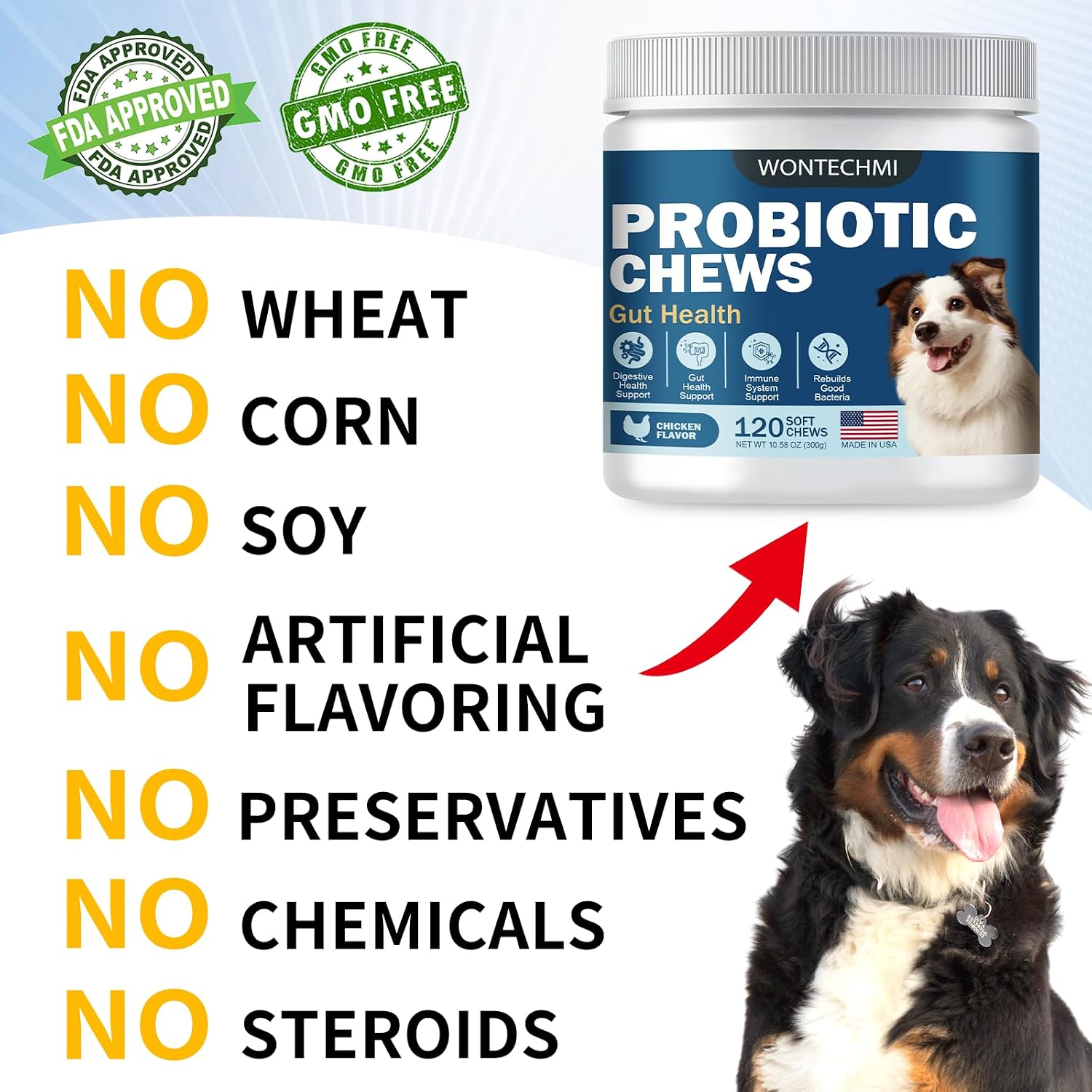 Probióticos para Perros - Salud Digestiva, Piel e Inmunidad - Masticables de Pollo (120 chews)