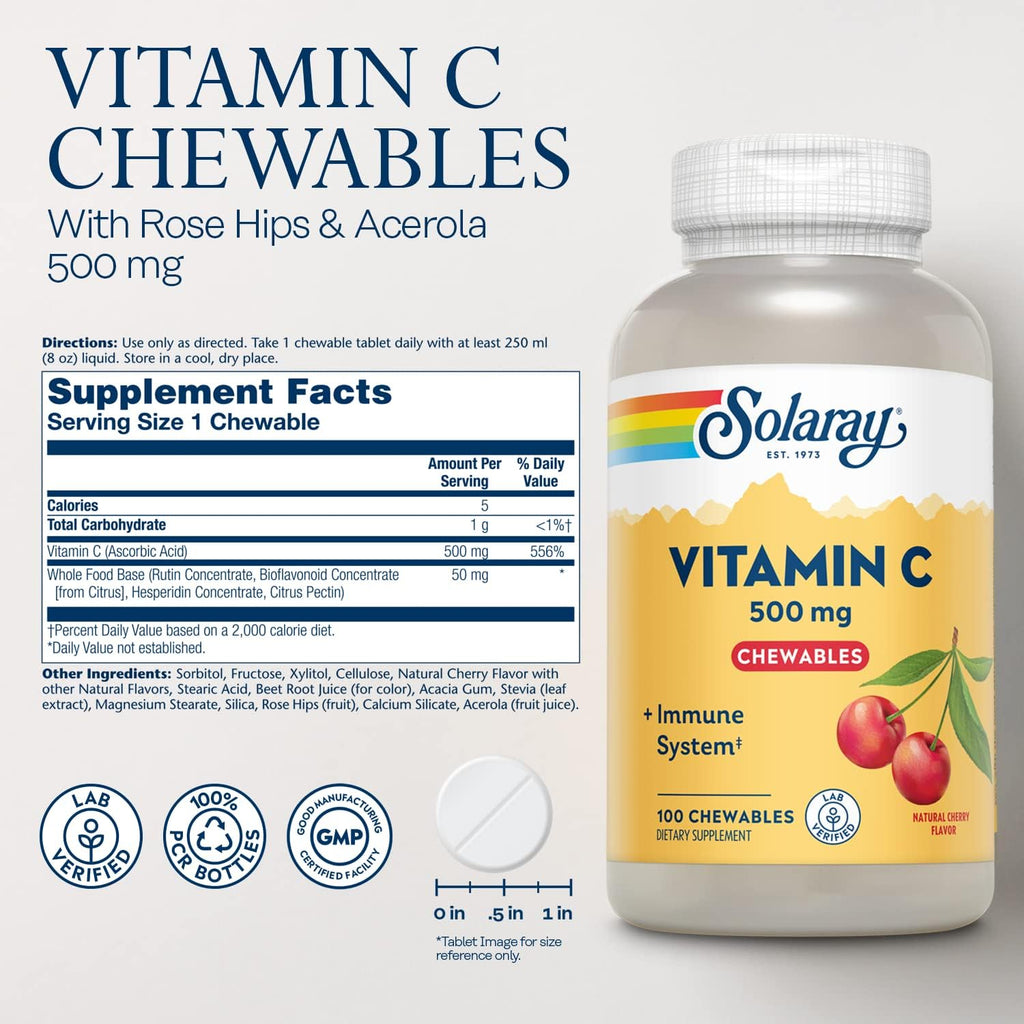 SOLARAY Vitamin C Chewable 500 mg - Natural Cherry Flavor - 100 Chewable Tablets