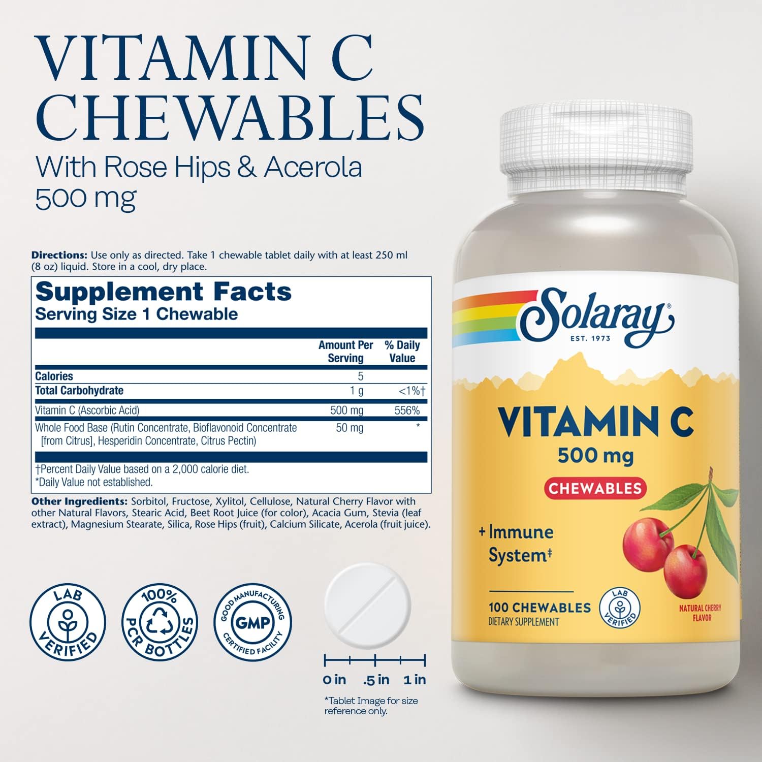 SOLARAY Vitamin C Chewable 500 mg - Natural Cherry Flavor - 100 Chewable Tablets