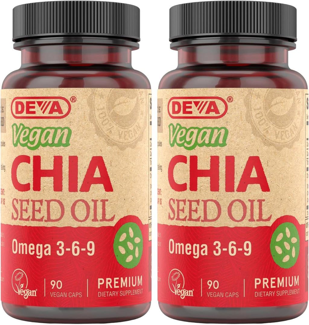 DEVA Aceite de Semilla de Chía Vegano, Rico en Omega 3, 6 y 9, Prensado en Frío y Sin Refinar, 90 Cápsulas (Pack de 2)