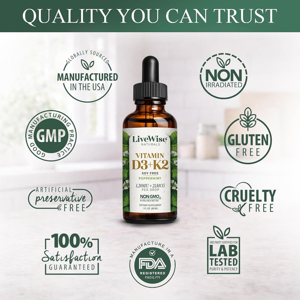 Live Wise Naturals Vitamin D3 K2 (MK-7) Mint Drops for Adults | 930 Drops, Ultra Concentrated Formula, 1208 IU, 25 MCG, Customizable Microdose Dropper, Calcium and Bone Support