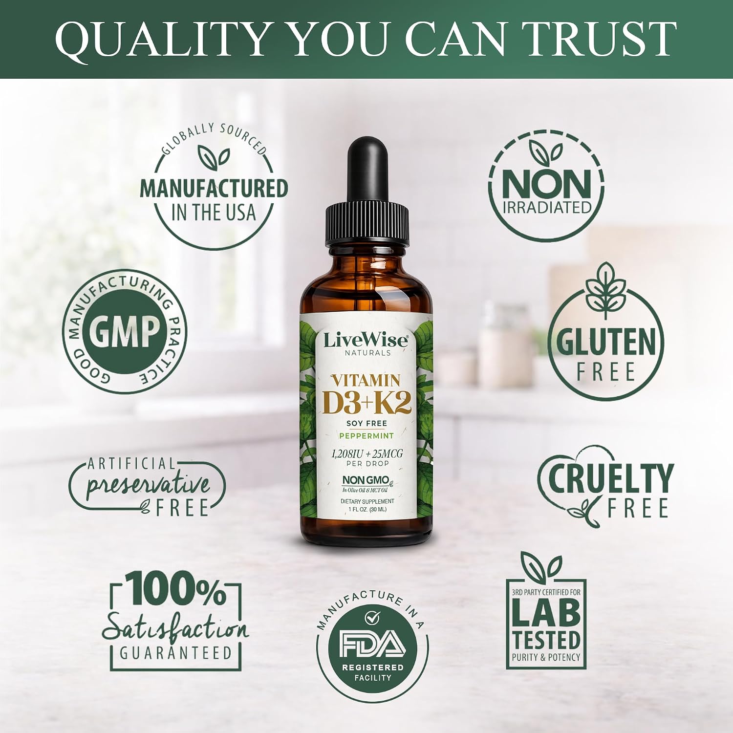 Live Wise Naturals Vitamin D3 K2 (MK-7) Mint Drops for Adults | 930 Drops, Ultra Concentrated Formula, 1208 IU, 25 MCG, Customizable Microdose Dropper, Calcium and Bone Support