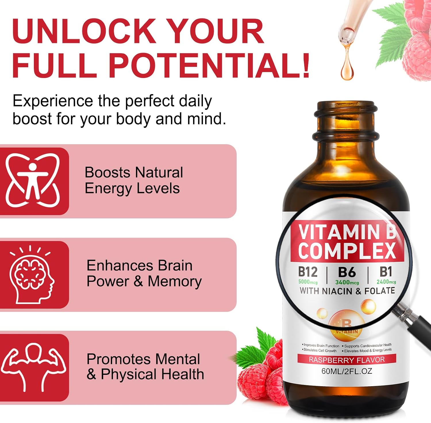 Complejo B Líquido, Gotas Veganas de Vitamina B12 Metilcobalamina, B1, B6, Ácido Fólico y Niacina - Apoyo Energético, Cerebral y Cardíaco, 40 Dosis