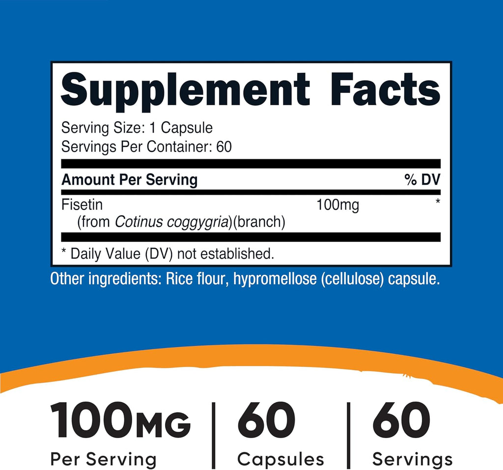 Nutricost Fisetina 100mg, 60 Cápsulas - Antioxidante Natural Polifenol - No Transgénico, Sin Gluten y Vegano