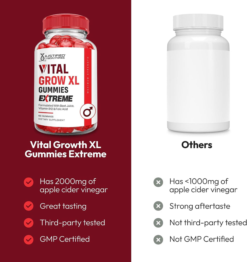 Justified Laboratories Vital Grow XL Gummies Extreme (2000 mg) - 60 Gominolas - Con Vinagre de Manzana, Folato y Vitamina B12 - No Transgénico, Vegano, Sin Gluten - 30 Dosis