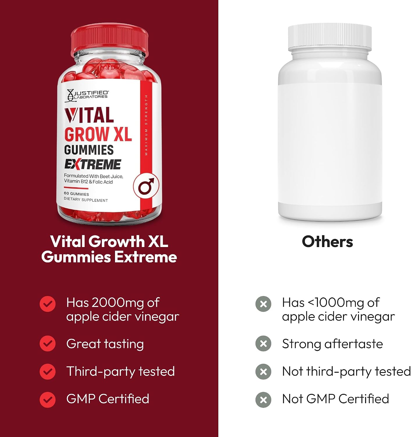 Justified Laboratories Vital Grow XL Gummies Extreme (2000 mg) - 60 Gominolas - Con Vinagre de Manzana, Folato y Vitamina B12 - No Transgénico, Vegano, Sin Gluten - 30 Dosis