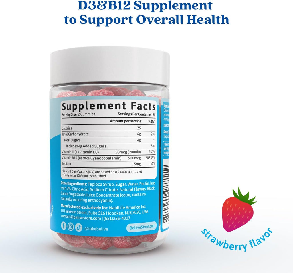 BeLive Gominolas de Vitamina D3 y B12 - 60 uds, Sabor Fresa