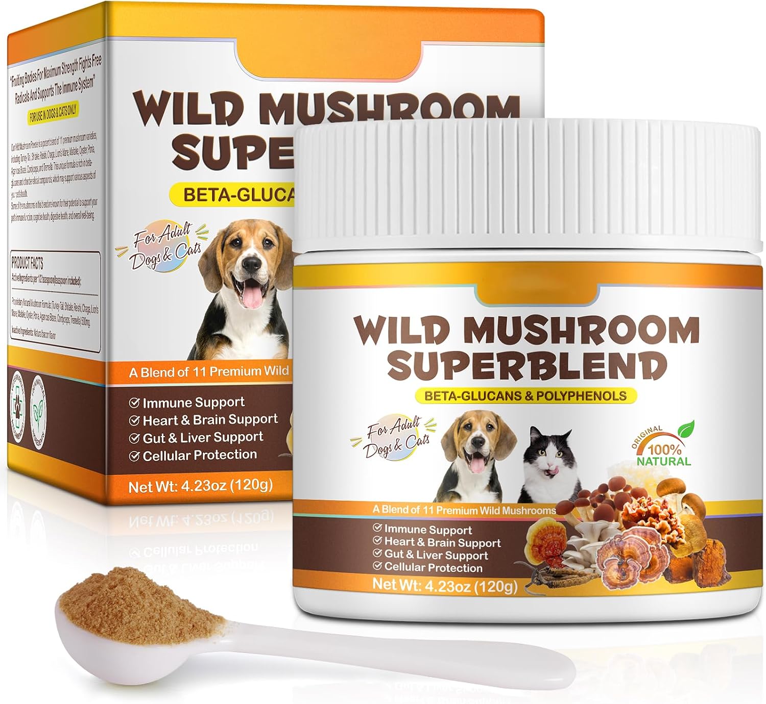 FANGCUN Polvo de Hongos para Perros y Gatos - Mezcla de 11 Setas, Sabor a Bacon, 120g