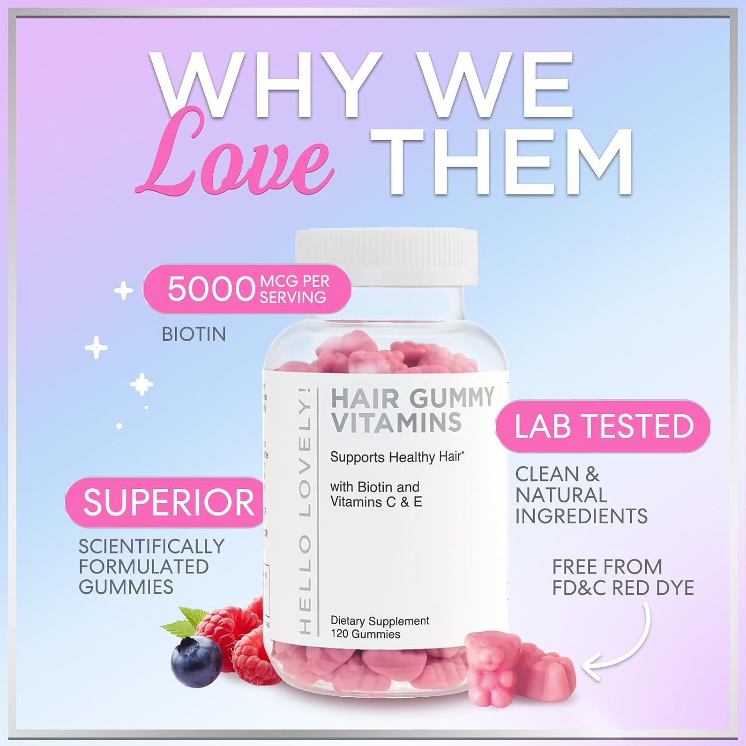 Gominolas de Biotina para Cabello, Piel y Uñas - 5000 mcg - 120 Gominolas Sabor Bayas