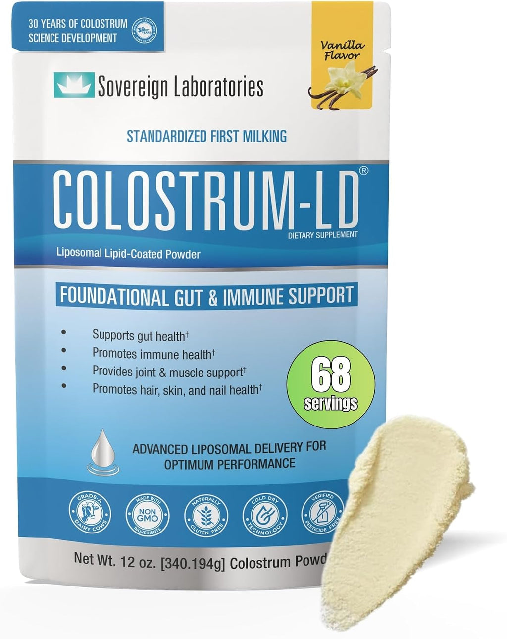 Colostrum-LD con Sistema de Liberación Liposomal - Polvo de Calostro - Sin Gluten, Bajo en Lactosa - 68 Dosis - 340g Vainilla