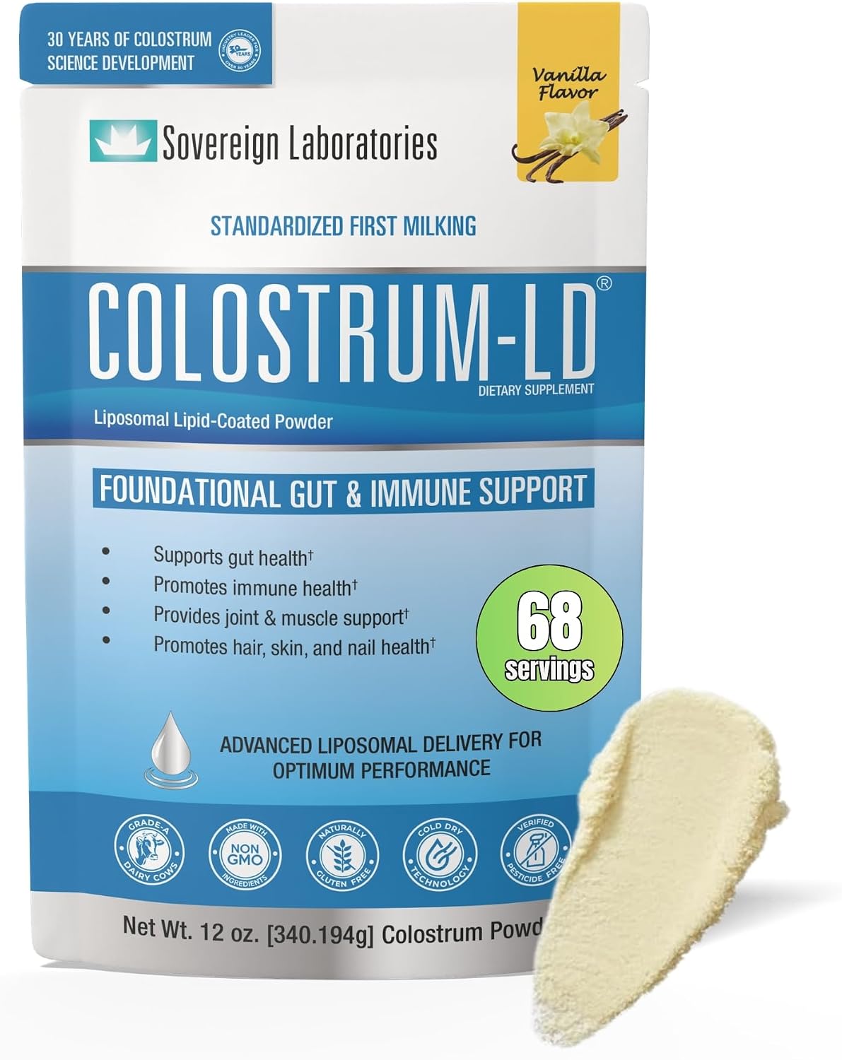 Colostrum-LD con Sistema de Liberación Liposomal - Polvo de Calostro - Sin Gluten, Bajo en Lactosa - 68 Dosis - 340g Vainilla
