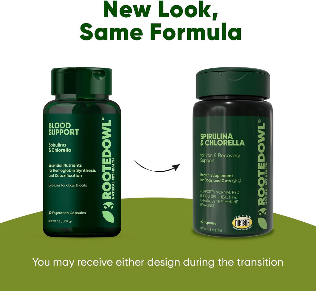 Rooted Owl® Blood Support para Perros y Gatos con Espirulina y Chlorella