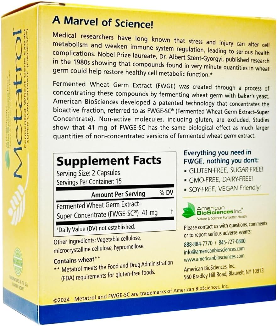 American BioSciences Metatrol Extracto de Germen de Trigo Fermentado - Apoyo Inmunológico y Mitocondrial - 30 Cápsulas Vegetales, 41mg