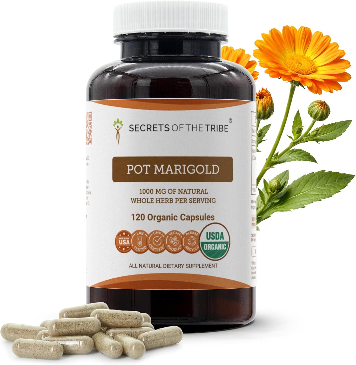 Secrets of the Tribe Pot Marigold USDA Orgánico – Cápsulas Vegetales de Caléndula (Calendula Officinalis) (120 Cápsulas)