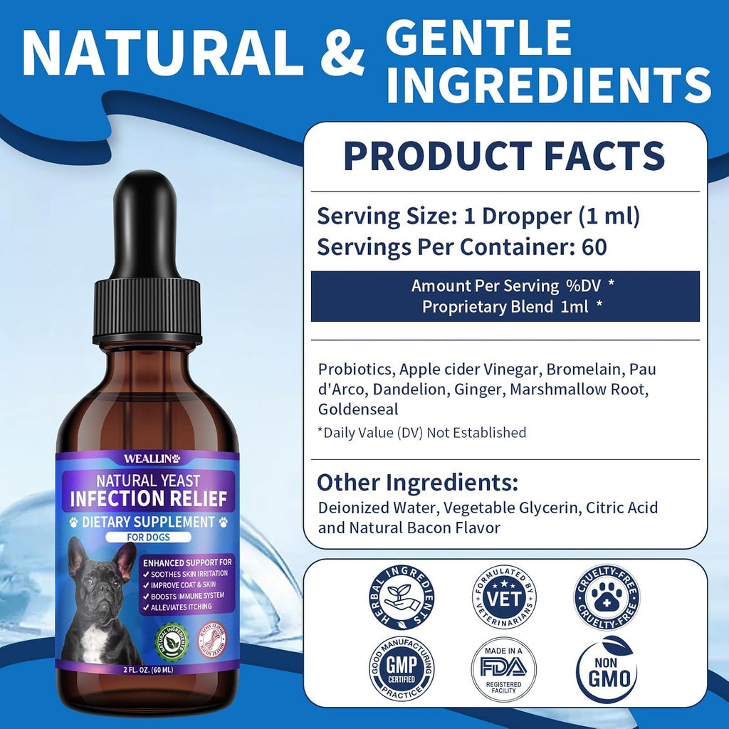 Tratamiento Natural contra Levaduras para Perros | Gotas con Probióticos y Mezcla de 8 Hierbas | Apoya Piel, Oídos y Alivio de Alergias | Sabor a Bacon
